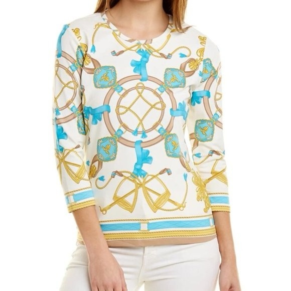 J. McLaughlin Signature Neo Sable Equestrian 3/4 Sleeve Off White/Aqua Tee Top S - Picture 1 of 10